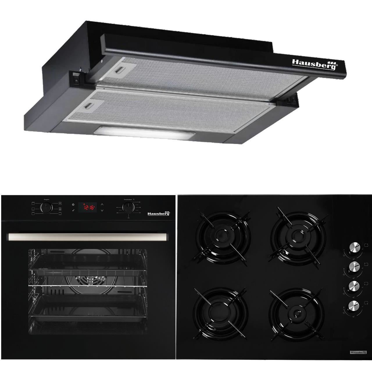 Pachet HAUSBERG, Cuptor electric Incorporabil HB8054, Clasa A, 71L, 2225W, Negru, Plita Incorporabila HB563NG, 4 arzatoare, Gaz, Sticla, Negru, Hota i